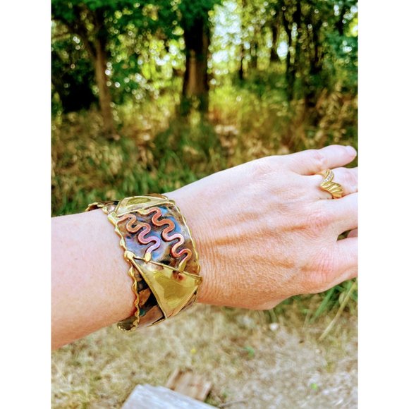 Vintage Brass and Copper bangle Cuff Bracelet Brutalist Abstract - Picture 10 of 12